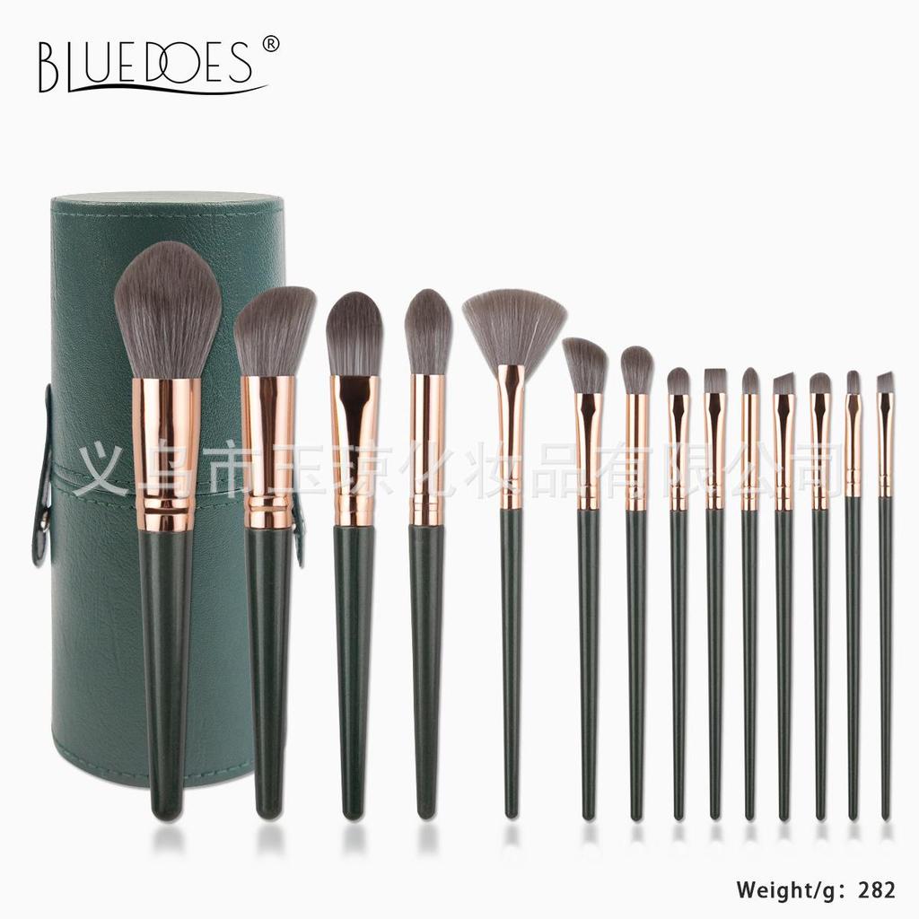 Зеленый облачный набор из 14 кистей для макияжа для начинающих – Тональная основа, Тени для век, Фиксирующая пудра