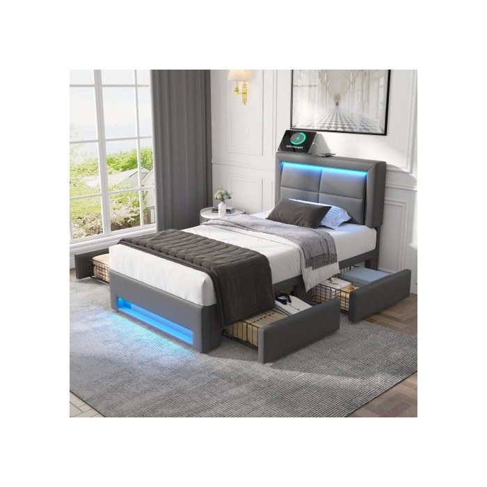 Мягкая кровать - MUVOE - 90x200 см - с портом USB - светодиодная подсветка - 4 серых ящика