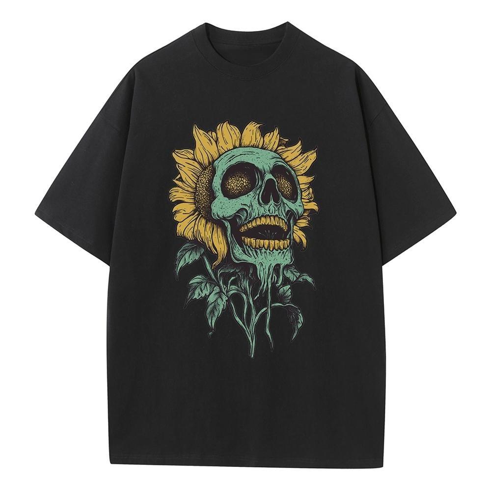 Cotton Oversized T Shirt Graphic Tees Sunflower Skull Street Clothes Heavy Comfort Drop Shoulder Vintage T Shirts Mens Tops