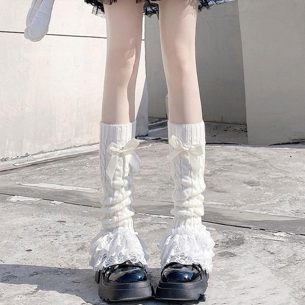 1pc Bow Lace Mid-tube Socks Lolita Winter Leg Cover Warm White Socks Style Cute Sweet Middle Fo X4T3