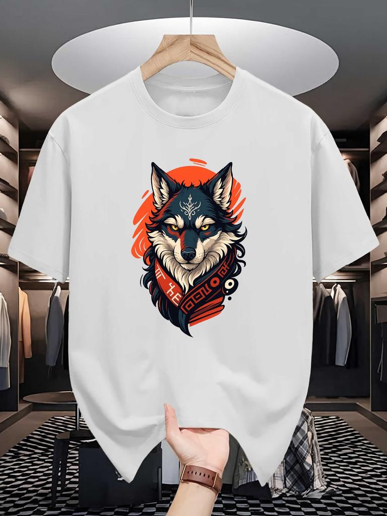 Mens Crew Neck T Shirt Tribal Nordic Wolf Head Vintage Pattern Graphic Short Sleeve Casual Cotton Animal Lover Streetwear Tees