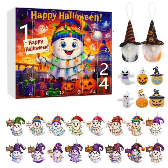 Хэллоуин Адвент-календарь 2025 24-дневный календарь обратного отсчета с акриловыми украшениями в виде призрака/гнома/тыквы для помещения