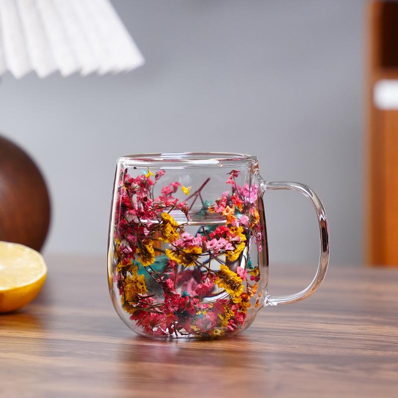 Flower-Infused Glass Mug - Decorative Dried Flower Clear Coffee/Tea Cup (Multi-Color Options)