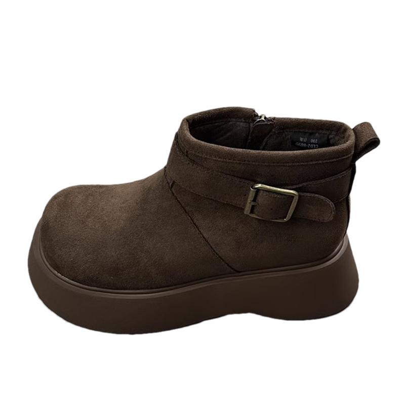 Женские зимние ботильоны на платформе, замшевые короткие, плюшевые, на среднем каблуке, хлопковые туфли 2025 года, трендовые дизайнерские повседневные теплые зимние ботинки с пряжкой