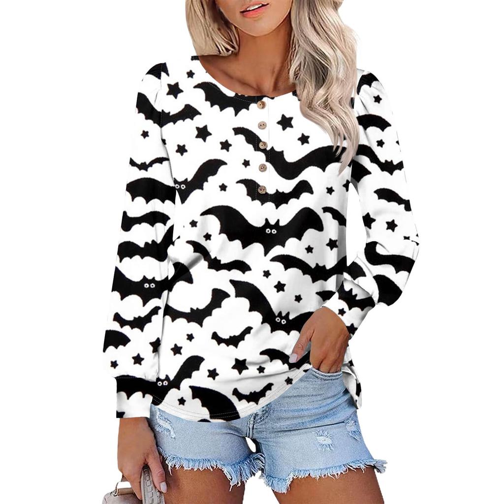 Women's Long Sleeve Round Neck T-Shirts Halloween  Print Puff Sleeve Shirts Button Blouses Tops
