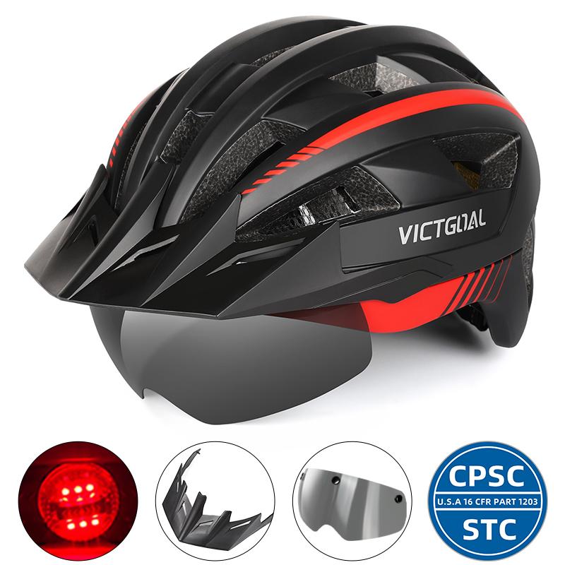 VICTGOAL MTB Road Bike Helmet for Men Women Visor Goggles LED Rear Light Mountain Bicycle Helmet Adults Racing Cycling Helmets