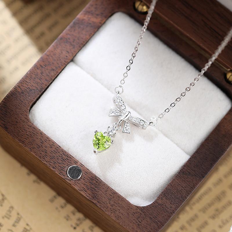Bow sterling silver 925 necklace female niche design light luxury natural stone collarbone chain ins wind fringe pendant