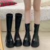 Women's Spring and Autumn Models Soft Surface Muffin Bottom Round Head Middle Heel Women's Boots Thick Bottom Elastic Thin Height Increase Boots