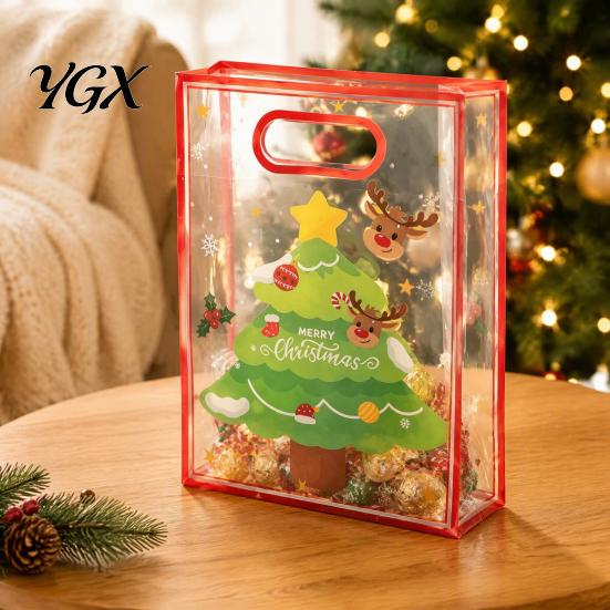Holiday Party Gift Containers Christmas Bags with Handles, Reusable Clear PP Treat for Candy Apples Cookies, Favor Packaging Ribbon Bow Transparent