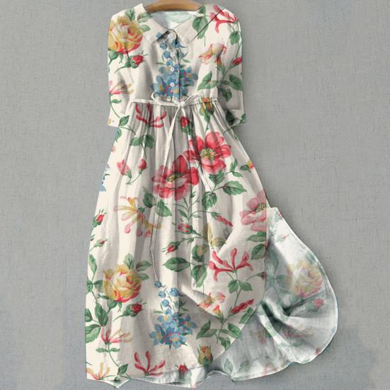 Женское весеннее платье с цветочным принтом, со средним рукавом, с отворотом, V-образным вырезом, на шнуровке, с высокой талией, трапециевидной формы, полуоднобортное богемное плиссированное платье миди