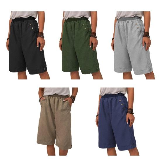 Женские летние шорты с эластичной талией, средней посадки, повседневные шорты в спортивном стиле с карманами, однотонные прямые широкие шорты