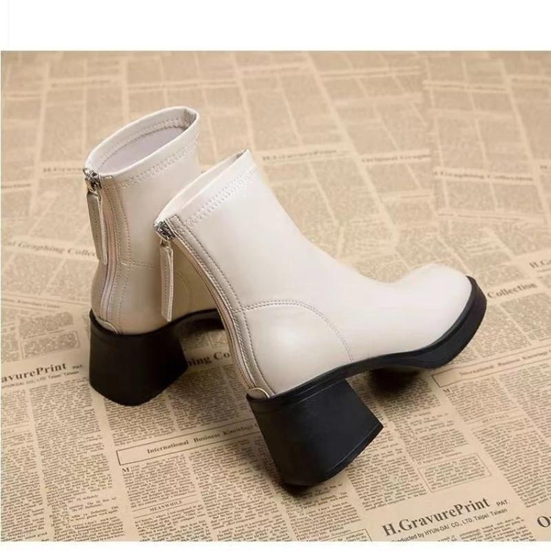 Black Women's Ankle Boots Fashion Back Zippers Short Square Heel Women Shoes Anti-slip Thick Sole Leisure Daily Commute Boots