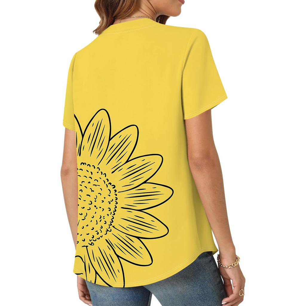 Women's Short Sleeve Casual V-neck Chest Pleated Printed Loose T-shirt Top