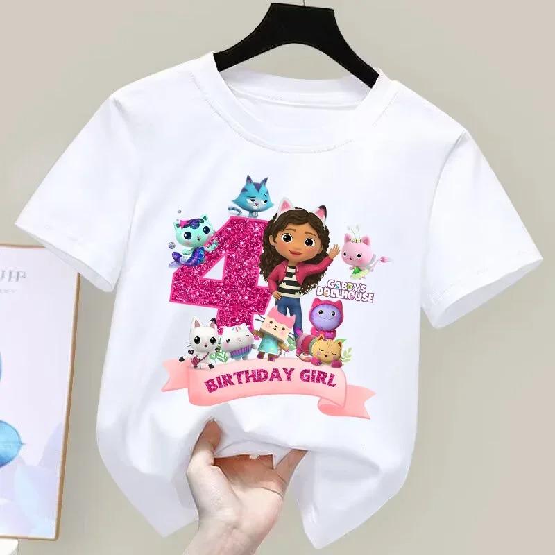 Tshirt with Gabbys Dollhouse birthday number for girls white and pink shortsleeve Tshirts party supplies