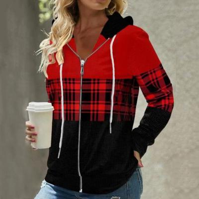 Осенние женские толстовки Модная клетчатая куртка-кардиган на молнии Обычная посадка Длинные рукава Повседневное пальто с капюшоном Весна Осень