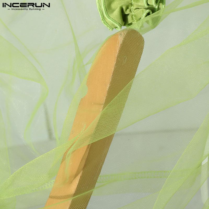 INCERUN Мужские футболки с длинным рукавом, оборками, нерегулярными слоями, сетка, клубная одежда для вечеринок, топы