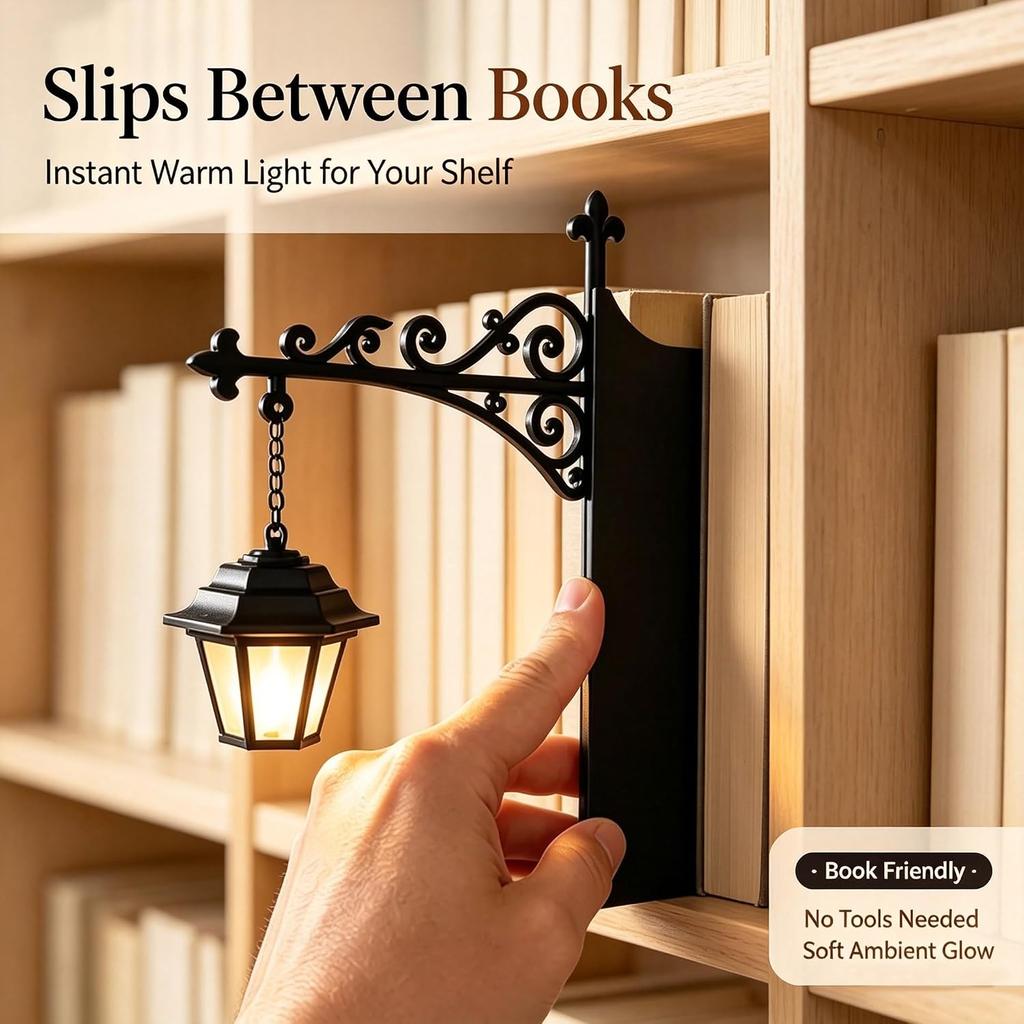 Library Lantern Mini Bookshelf Lamp, Vintage Hanging LED Book Shelf Lights with Bookend-Style Base,Warm Decorative for Home Library,Study and Reading