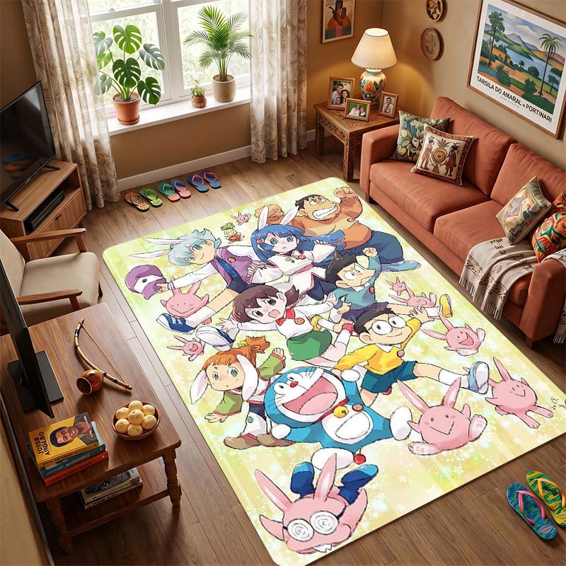 Doraemon & Friends Flying with Bamboo-Copter Area Rug, Non-Slip Floor Mat with Anime Print, Durable Carpet for Kids Bedroom