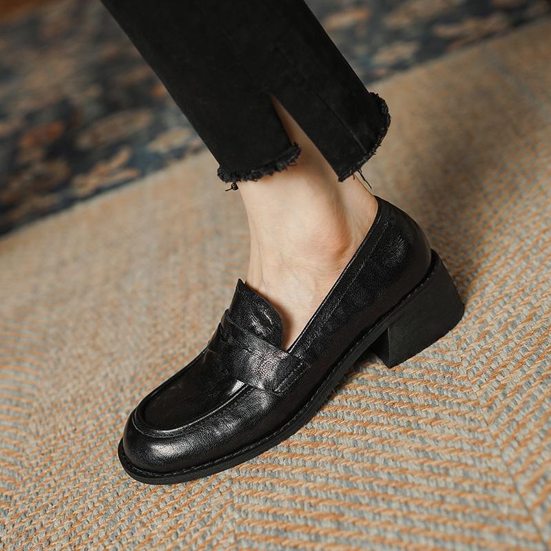 Fashion High Heels Women Pumps Retro Round Toe Genuine Leather 2024 Spring Summer Concise Casual Working Shoes Woman Loafers New Shoes
