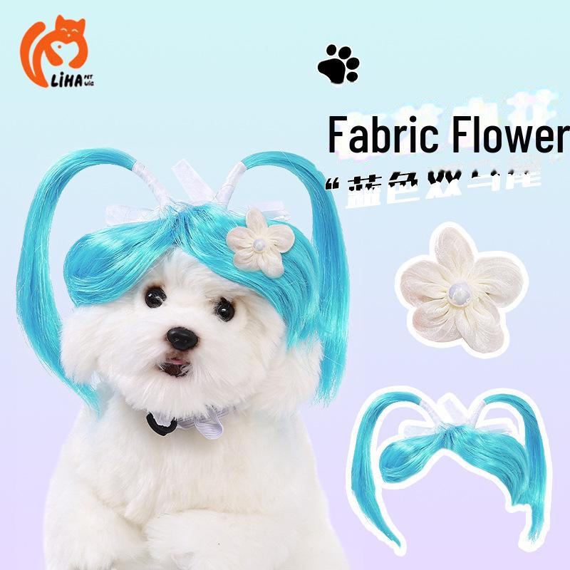 Очаровательный двойной конский хвостик, синий парик для домашних животных - милый головной убор для переодевания кошек и собак