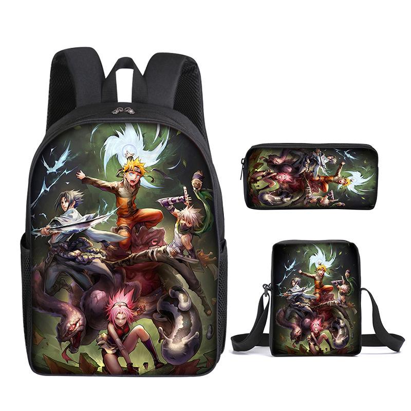Naruto Naruto Backpack Three-Piece Set, Primary And Secondary School School Bag, Shoulder Bag, Messenger Bag, Pencil Case.