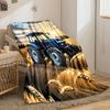 A blue tractor in golden wheat fields under a sunset sky with clouds. for all seasons blanket lunch break throw gift
