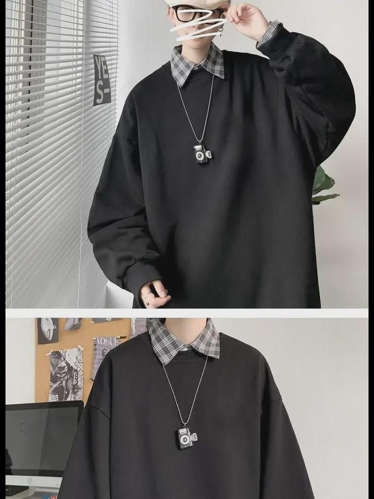 Мужская осенняя модная свободная толстовка в гонконгском стиле с круглым вырезом