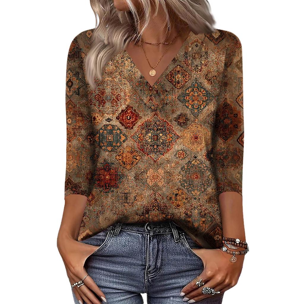 Women's 3/4 Sleeve Shirts V Neck Print Tops Casual Tops Basic Tees Blouse Loose Tops