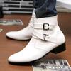 Luxury Men Boots Leather Chelsea Boots High Top Buckle Strap Formal Shoes Black British Style Ankle Boots Pointed Toe White Boot