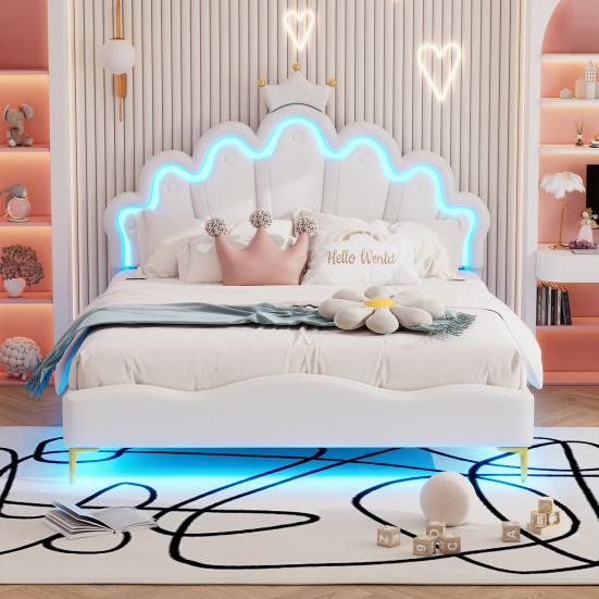 Flat Bed 140x200cm Double Bed, Crown-Shaped Princess Soft Upholstery Made of Faux Leather, Adjustable LED Ambient Light Strip, White Upholstered