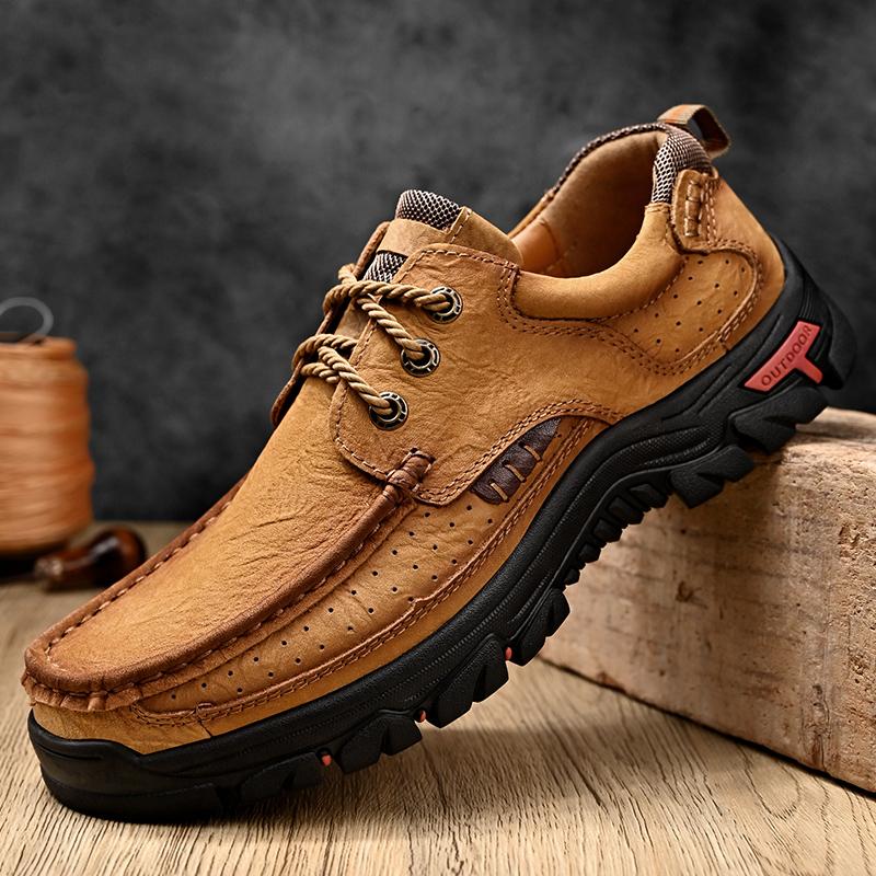 2025 New Men Genuine Leather Sneakers Hiking Shoes Casual Leather Lace Up Outdoor Oxfords Antiskid Thick Bottom Walking Shoes