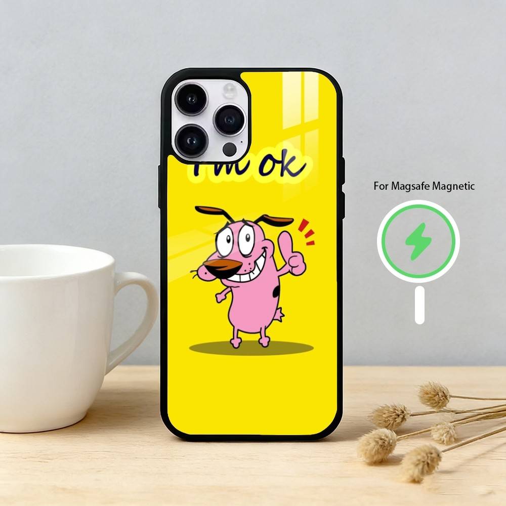 Мультяшный чехол для телефона C-COURAGE Собака-Трусишка D-Dog для iPhone 17 16 15 14 13 12 Pro Max Plus с зеркальной беспроводной магнитной крышкой