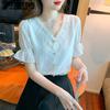 Brand Summer Ladies Short-sleeved Chiffon Shirt Fashion Lace Stitching V-neck Peplum Tops Solid Colour Casual T-shirts