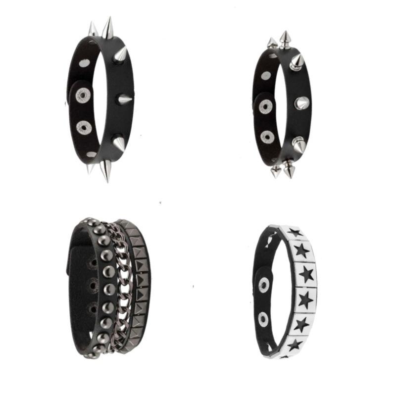 Fashion Multi Layer Wide Leather Bracelet Punk Stud Star Wrist Band