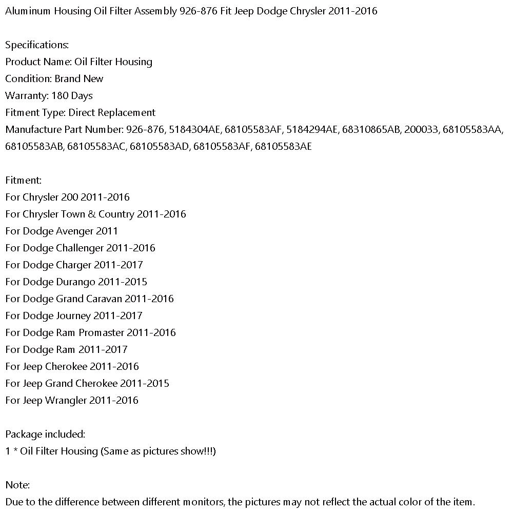 Алюминиевый корпус в сборе масляного фильтра 926-876 Подходит для Jeep Dodge Chrysler 2011-2016