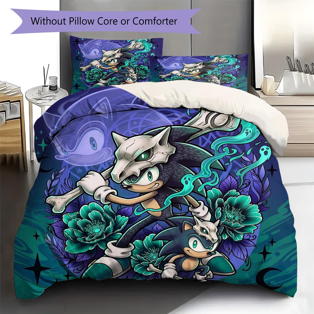 Hedgehog Sonic Pattern Bedding Quilt Set Quilt Cover Pillowcase Home Decoration Birthday Gift (1 * duvet cover + 2 * pillowcase, without core)