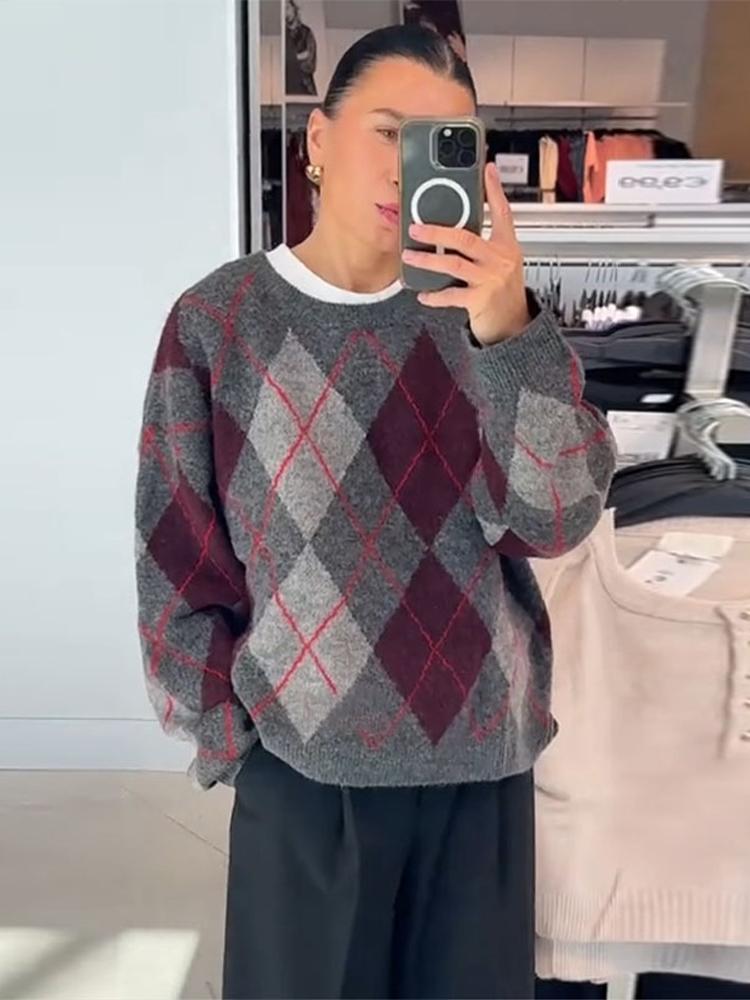 Женский жаккардовый вязаный свитер с ромбовидным узором, с круглым вырезом, женский теплый и модный зимний пуловер с круглым вырезом 2025