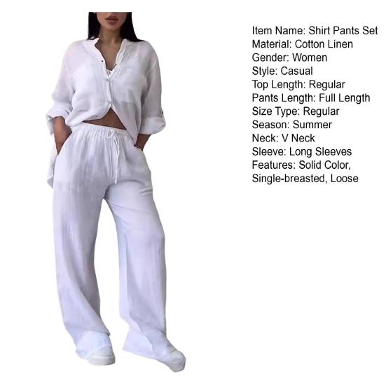 2Pcs/Set Women Shirt Pants Set Solid Color Long Sleeves Single-breasted V Neck Blouse Elastic Waist Loose Wide Leg Trousers Casual Commute Clothes