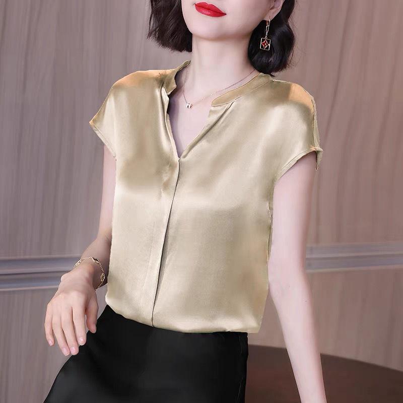 Атласная блузка, женский топ с короткими рукавами, однотонные серые свободные блузки с v-образным вырезом, черные, серые летние шифоновые топы