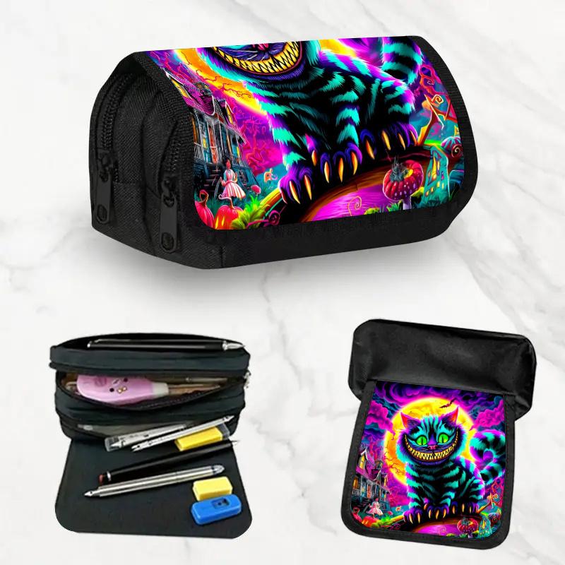 1pc a Quirky Fluorescent Cat Design Double-Layer Pencil Case with a Large Capacity Zipper Closure, Perfect for School, Office, And Travel. A Great Gif
