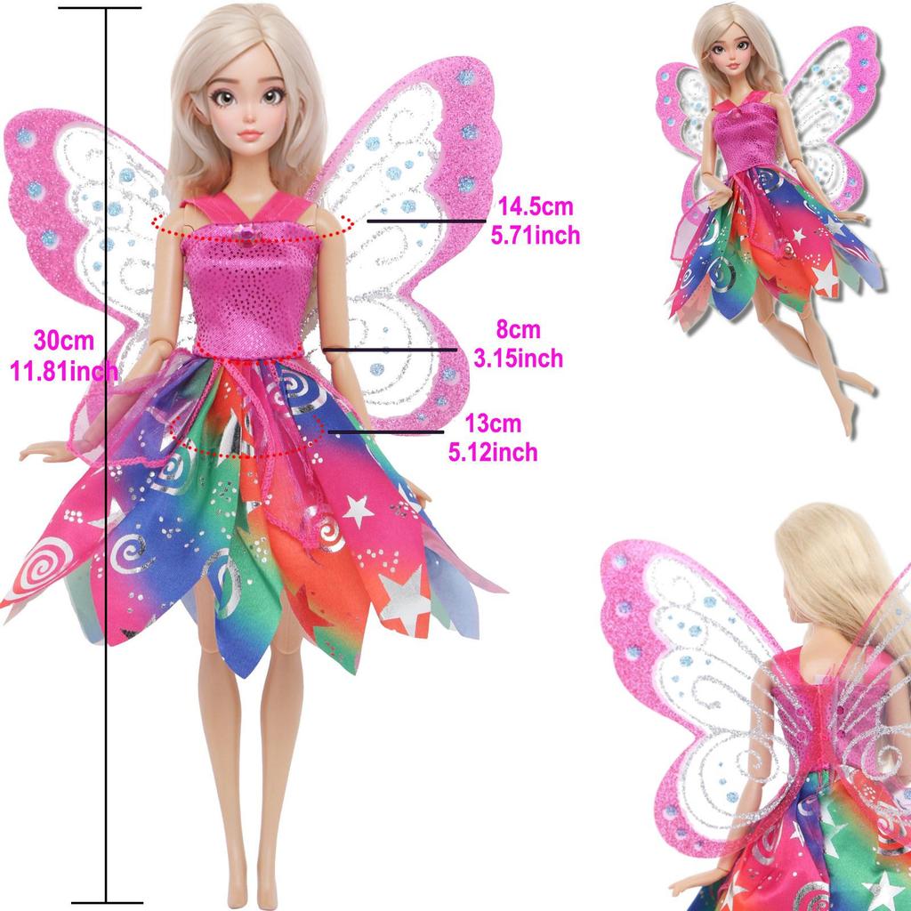 6 Pcs Fairy Tale Princess Clothes and Accessories for 30cm Doll Fashion Doll Dress with Wings Mini Magic Wand Shoes Boots Kids Toy Gift