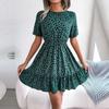 Spring Summer Women Casual O Neck Short Sleeve Polka Dot Waist Ruffle Dress S-XL