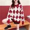 Rhombus Sweater Women's Purple Autumn and Winter Wear New Red Knitted Loose Top Crew Neck Bottoming Shirt