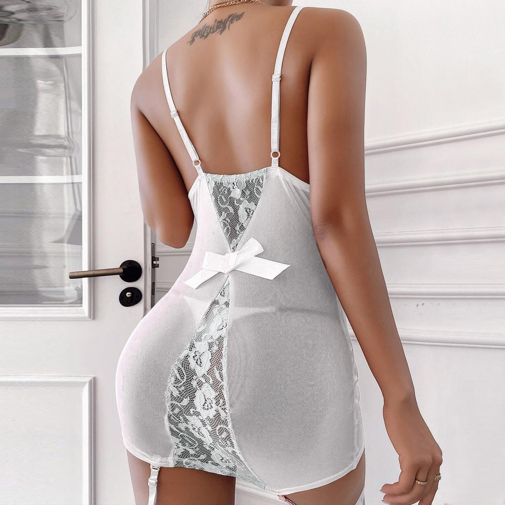 TAM Women Lace Lingerie V-Neck Bra Thong With Garter Underwear Pajamas Suit Set