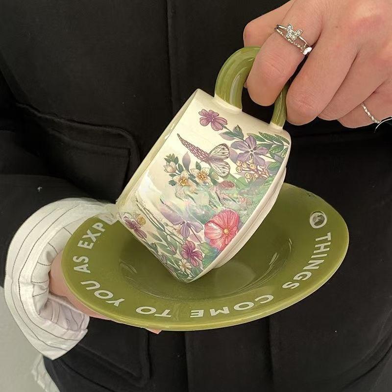 Ретро Американские Керамические Чашки и Тарелки Китайский Стиль Масляная Живопись Фиолетовый Цветок Кофейные Чашки и Тарелки Стиль Хепберн Кружки для Послеобеденного Чая