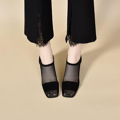 Женские сетчатые туфли весна-лето новые полые дышащие железные носки прохладные ботинки квадратный носок толстый каблук черные модные туфли