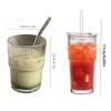 380/600ML Stripe Glass Coffee Cup With Lid and Straw Transparent Drinking Glasses for Juice Milk Tea Cups Iced Coffee Mugs Drink