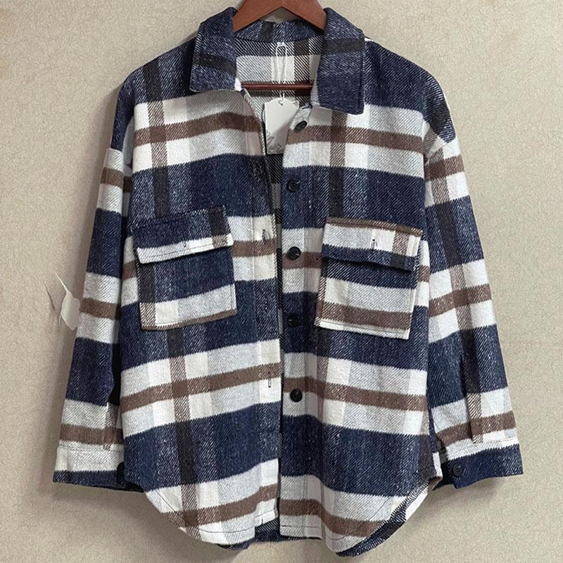 Женская повседневная клетчатая куртка с длинным рукавом и лацканами, осенняя утолщенная фланелевая рубашка с пуговицами, свободное теплое шерстяное пальто с двумя карманами