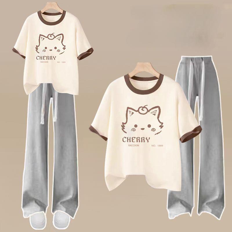 Костюм в стиле колледжа, женская летняя хлопковая футболка с короткими рукавами, спортивные брюки, костюм-двойка