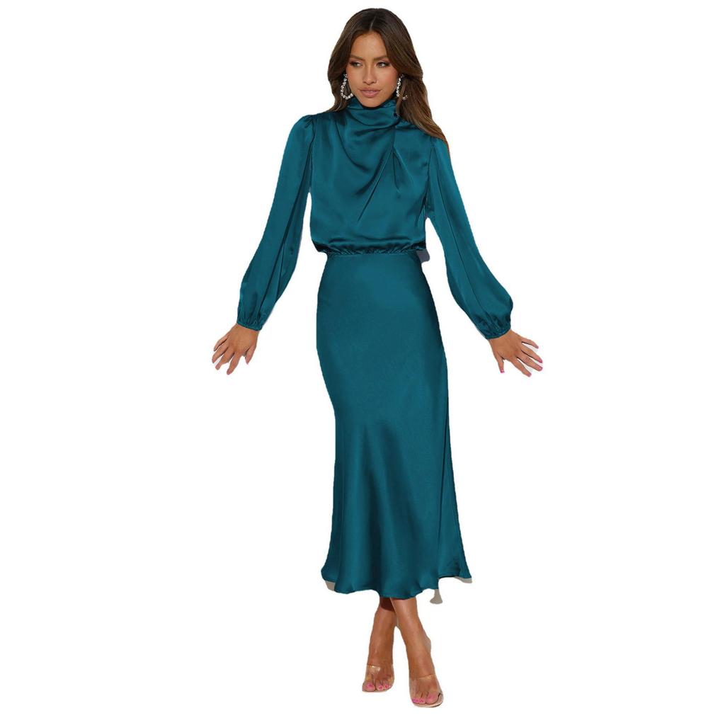 Женское весеннее вечернее платье с длинным рукавом-фонариком, элегантное длинное платье трапециевидной формы с бретелькой на шее и высокой талией, сплошной цвет